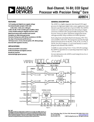 Analog Devices AD9974 Dual-Channel CCD Signal Processor Datasheet - cover page