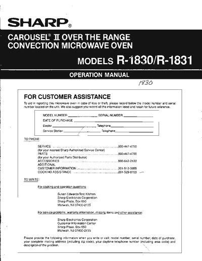 Sharp Carousel II Over-the-Range Convection Microwave Oven R-1830/R-1831 User Manual - cover page