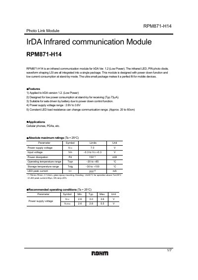ROHM RPM871-H14 Infrared Communication Module Datasheet