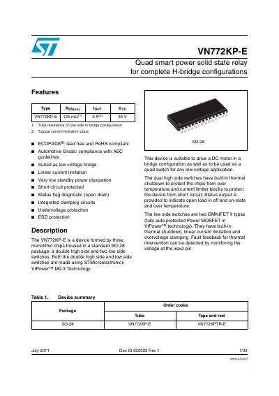 STMicroelectronics VN772KP-E Quad Smart Power Solid State Relay Datasheet