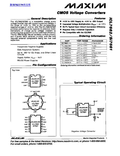Maxim ICL7662/Si7661 CMOS Voltage Converters Datasheet - cover page