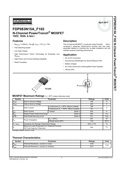 Fairchild FDP083N15A N-Channel MOSFET Datasheet - cover page