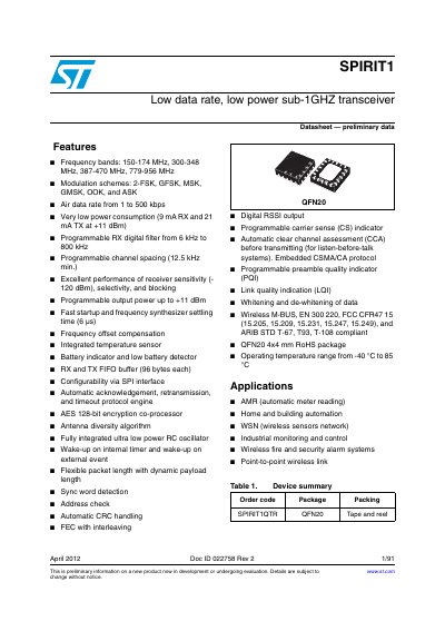 STMicroelectronics SPIRIT1 Sub-1GHz Transceiver Datasheet