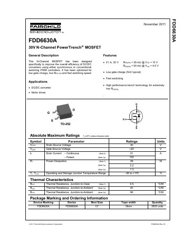 Fairchild Semiconductor FDD6630A 30V N-Channel PowerTrench MOSFET Datasheet - cover page