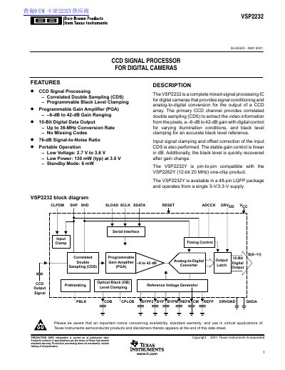 Texas Instruments VSP2232 CCD Signal Processor Datasheet - cover page