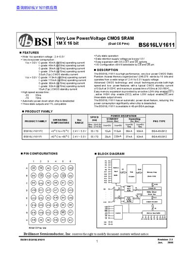 Brilliance Semiconductor BS616LV1611 SRAM Datasheet - cover page