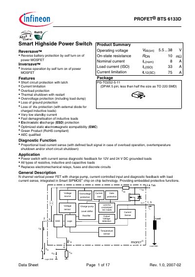 Infineon PROFET BTS6133D Smart Highside Power Switch Datasheet - cover page