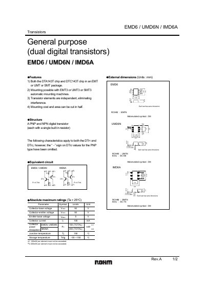 ROHM EMD6/UMD6N/IMD6A Bipolar Transistor Datasheet - cover page