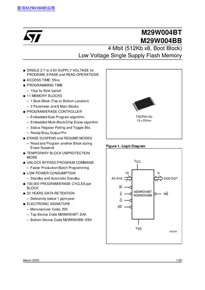 STMicroelectronics M29W004BT/M29W004BB Flash Memory Datasheet - cover page
