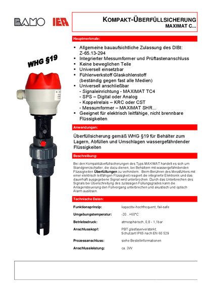 BAMO MAXIMAT C... Overflow Protection Device Product Data Sheet - cover page