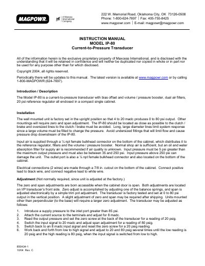 Magpowr IP-80 Current-to-Pressure Transducer Instruction Manual - cover page