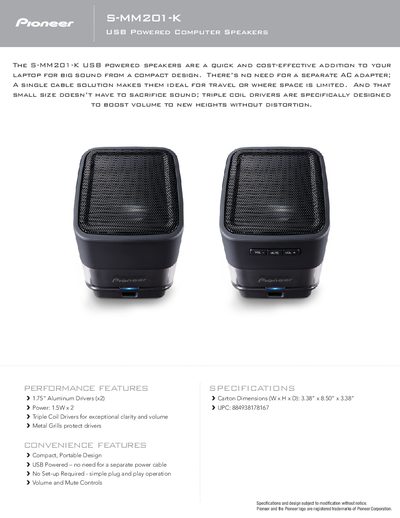 Pioneer S-MM201-K USB Powered Speakers Product Leaflet - cover page