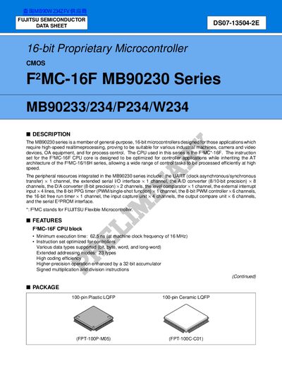 FUJITSU SEMICONDUCTOR 16-bit Proprietary Microcontroller CMOS F2 MC-16F MB90230 Series MB90233/234/P234/W234 handbook - cover page
