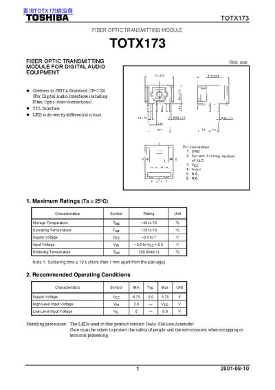 Toshiba TOTX173 Fiber Optic Transmitting Module Datasheet - cover page