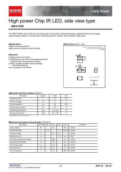 ROHM SIM-012SB High Power Chip IR LED Data Sheet - cover page