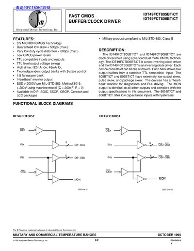 Integrated Device Technology IDT49FCT805BT/CT & IDT49FCT806BT/CT Fast CMOS Buffer/Clock Driver Datasheet - cover page