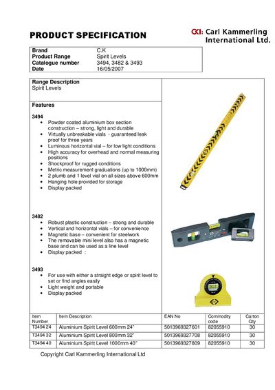 C.K Spirit Levels Product Specification Manual - cover page