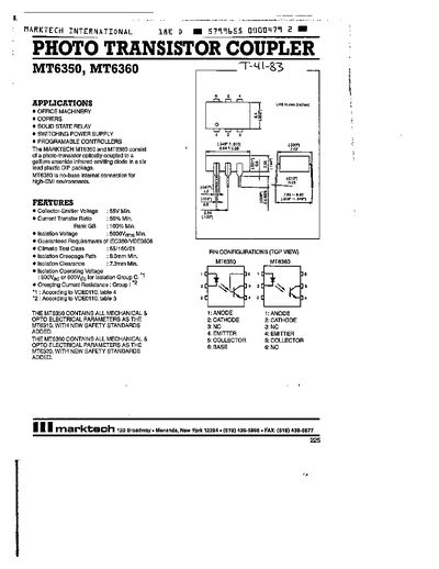 Marktech MT6350 / MT6360 Photo Transistor Coupler Datasheet - cover page