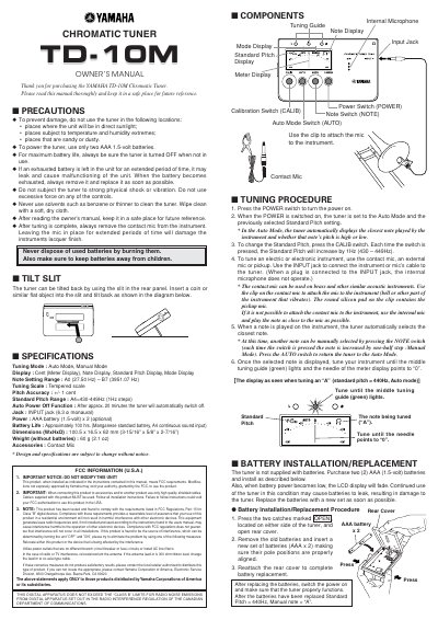 Yamaha TD-10M Chromatic Tuner Owner's Manual - cover page