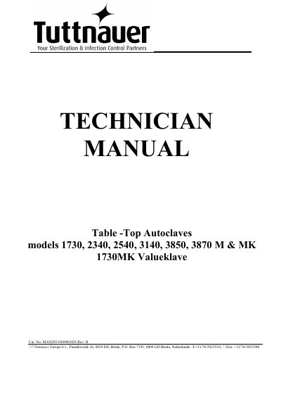 Tuttnauer Table-Top Autoclaves Models 1730 to 3870 Technician Manual - cover page