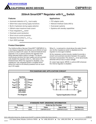 California Micro Devices CMPWR101 SmartOR Regulator Datasheet - cover page