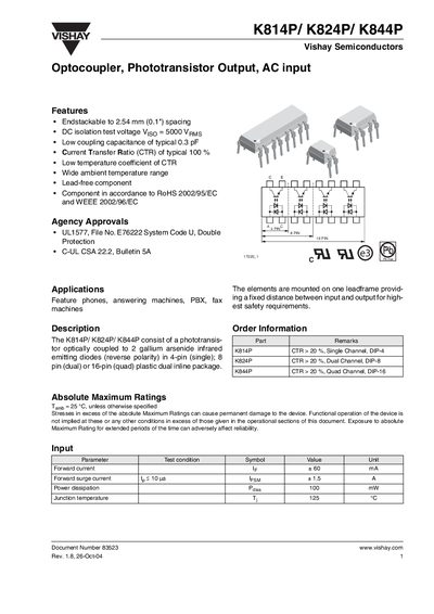 Vishay K814P/K824P/K844P Optocoupler Datasheet - cover page