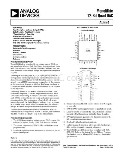 Analog Devices AD664 Datasheet - cover page