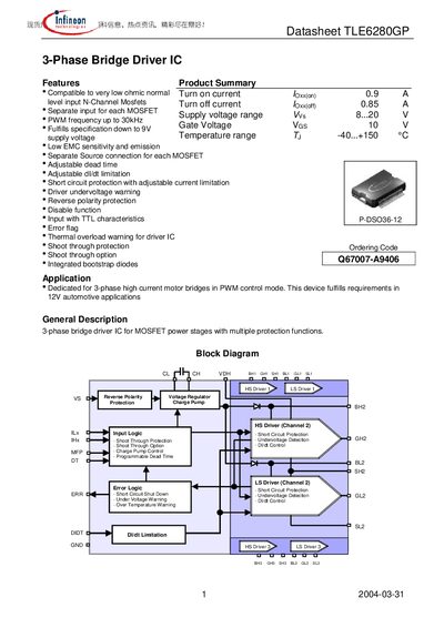 Infineon TLE6280GP 3-Phase Bridge Driver IC Datasheet - cover page