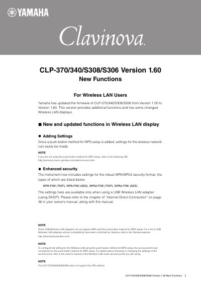 Yamaha CLP-370/340/S308/S306 Wireless LAN Firmware Update Guide