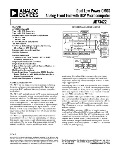 Analog Devices AD73422 Dual Low Power CMOS AFE with DSP Datasheet - cover page
