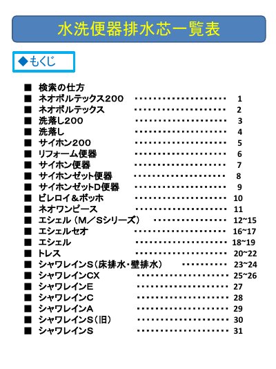 Panasonic Toilet Drain Core Specification List - cover page