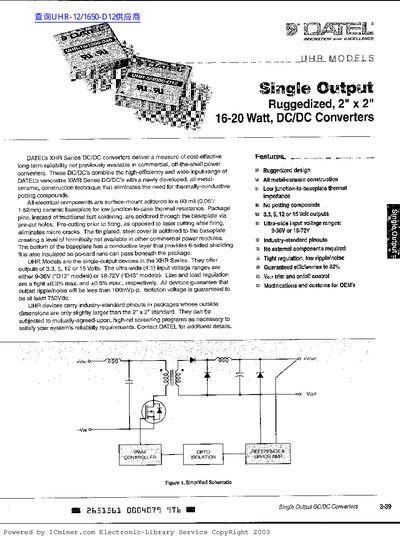 Datel UHR Single Output Ruggedized 2×2 16‑20 W DC‑DC Converter Performance Specifications and Ordering Guide - cover page