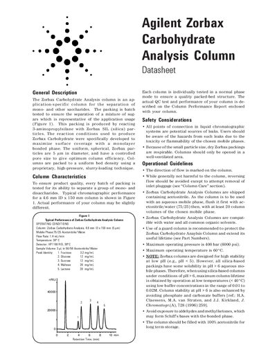 Agilent Zorbax Carbohydrate Analysis Column Datasheet - cover page