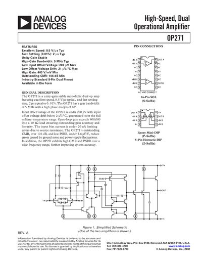 Analog Devices OP271 Operational Amplifier Datasheet - cover page
