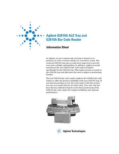 Agilent G2614A ALS Tray and G2615A Bar Code Reader Information Sheet - cover page
