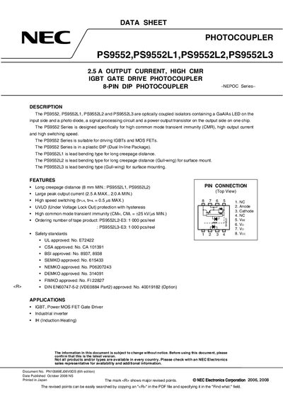 NEC PHOTOCOUPLER PS9552 PS9552L1 PS9552L2 PS9552L3 2.5 A OUTPUT CURRENT HIGH CMR IGBT GATE DRIVE PHOTOCOUPLER 8-PIN DIP PHOTOCOUPLER handbook - cover page