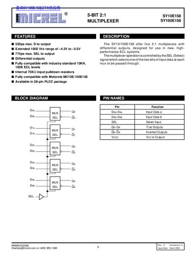 Micrel SY10E158 / SY100E158 5‑Bit 2:1 Multiplexer Datasheet