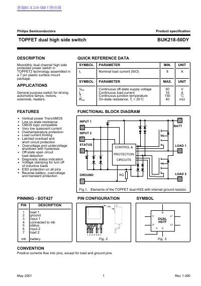 Philips Semiconductors BUK218-50DY Dual High Side Switch Datasheet - cover page