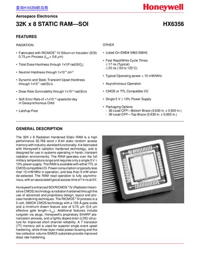 Honeywell HX6356 Radiation Hardened Static RAM Datasheet - cover page