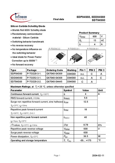 Infineon SDP04S60 SDD04S60 SDT04S60 Datasheet - cover page