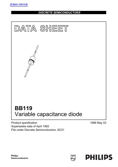 Philips BB119 Variable Capacitance Diode Data Sheet - cover page