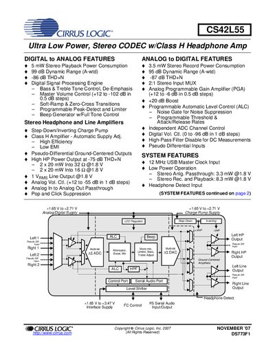 Cirrus Logic CS42L55 Ultra Low Power Stereo CODEC with Class H Headphone Amplifier Datasheet - cover page