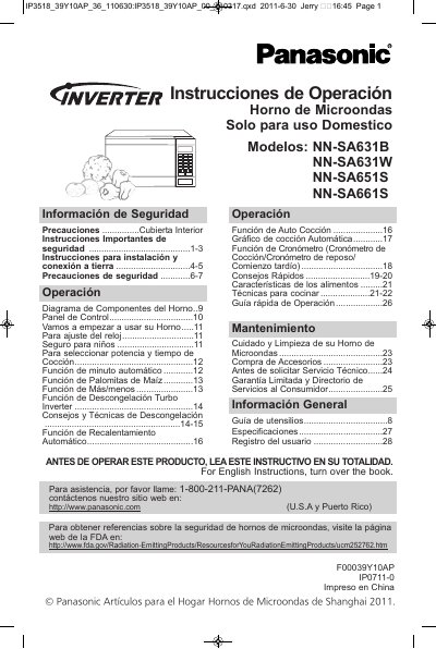 Panasonic NNSA631B-SPA microwave oven Manual - cover page