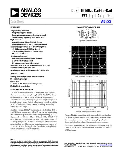 Analog Devices AD823 Operational Amplifier Datasheet