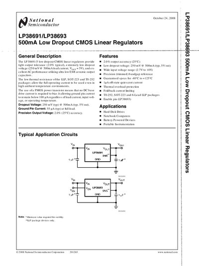 National Semiconductor LP38691/LP38693 500mA Low Dropout CMOS Linear Regulator Datasheet - cover page