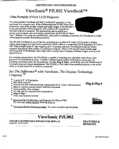 ViewSonic PJL802 ViewBook User Manual - cover page