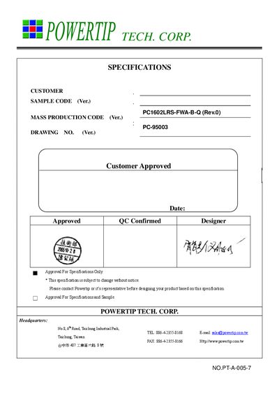 POWERTIP PC1602LRS-FWA-B-Q Specification Handbook - cover page
