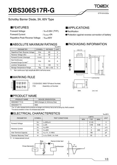 Torex XBS306S17R-G Schottky Barrier Diode Datasheet - cover page