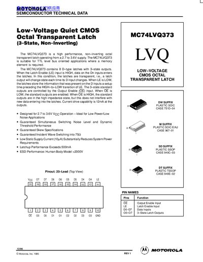 Motorola MC74LVQ373 Octal Transparent Latch Datasheet - cover page