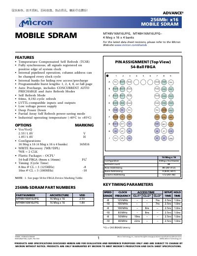 MICRON SYNCHRONOUS DRAM 256Mb x16 Mobile SDRAM - cover page